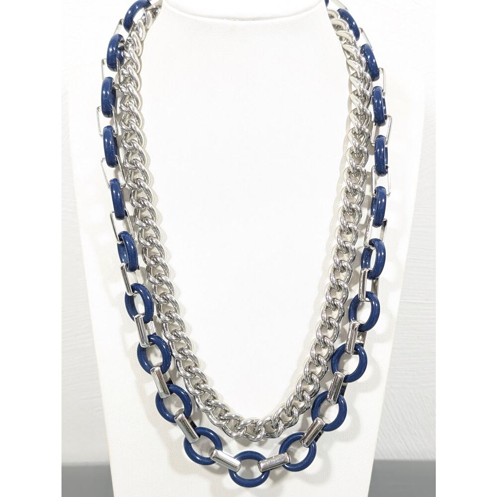Lia Sophia Convertible Blue Chain Link Curb Double Layer Statement Necklace 20"
